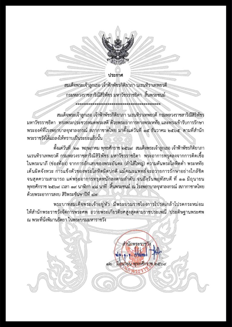 ประกาศสำนักพระราชวัง สมเด็จพระเจ้าลูกเธอ เจ้าฟ้าพัชรกิติยาภา นเรนทิราเทพยวดี กรมหลวงราชสาริณีสิริพัชร มหาวัชรราชธิดา สิ้นพระชนม์